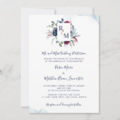 Berry, Burgund und Blue Floral Monogram Wedding Einladung (Vorderseite)