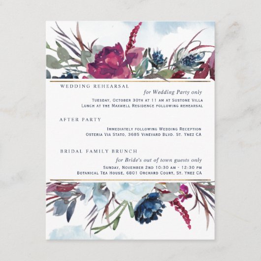 Berry Burgundy Blue Floral Wedding Details Begleitkarte (Vorderseite)