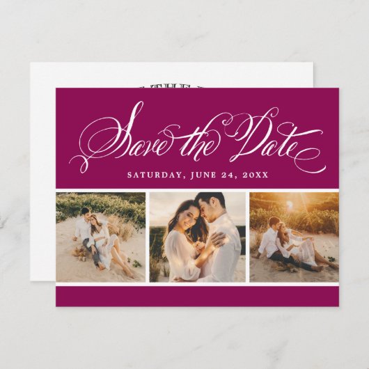 Berry Calligraphy Script Wedding Foto Collage Save The Date (Vorne/Hinten)