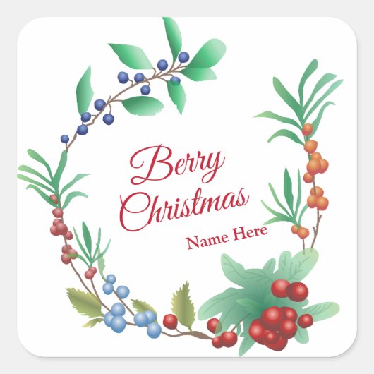 Berry Christmas Wreath Quadratischer Aufkleber (Vorderseite)