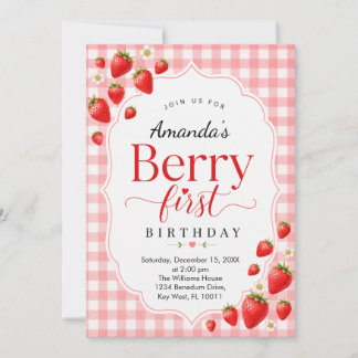 Berry Erste Erdbeer Gingham Mädchen Geburtstag Einladung