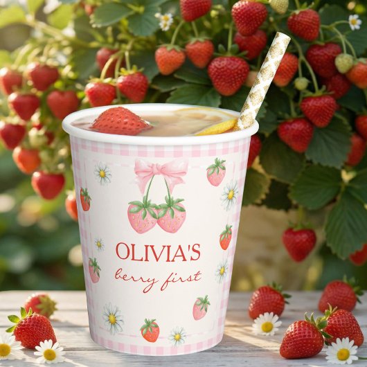 Berry Erste Erdbeere Rosa Schleife Erster Geburtst Pappbecher