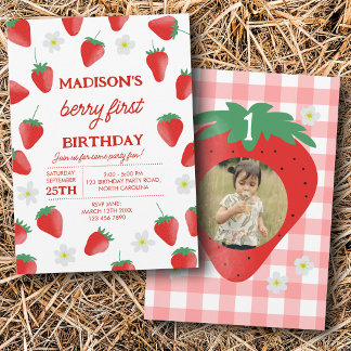 Berry Erster 1. Geburtstag Strawberry Foto Einladung