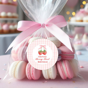 Berry Erster Erdbeergeburtstag Pink Bow Gingham Runder Aufkleber