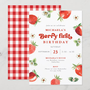 Berry Erster Geburtstag Aquarell Erdbeere Gingham Einladung