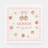 Berry Erster Geburtstag Erdbeere und Rosa Gingham Serviette (Vorderseite)