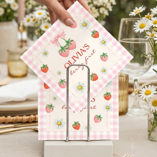 Berry Erster Geburtstag Erdbeere und Rosa Gingham Serviette