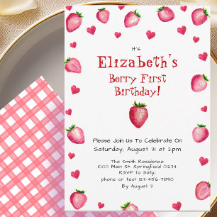Berry Erster Geburtstag Erdbeeren Sommer Gingham 1 Einladung