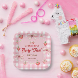 Berry erster Geburtstag rosa Erdbeere Gingham Pappteller