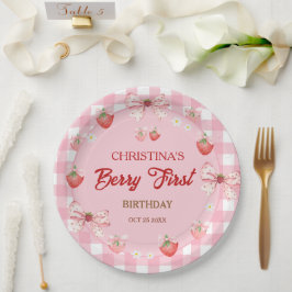 Berry erster Geburtstag rosa Erdbeere Gingham Pappteller