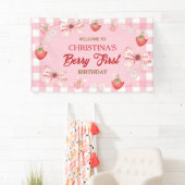 Berry erster Geburtstag rosa Gingham Erdbeermädche Banner (Insitu)