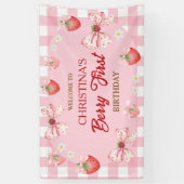 Berry erster Geburtstag rosa Gingham Erdbeermädche Banner (Vertikal)