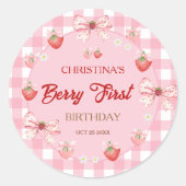 Berry erster Geburtstag rosa Gingham Erdbeermädche Runder Aufkleber (Vorderseite)
