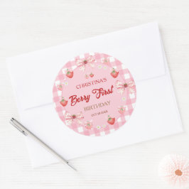 Berry erster Geburtstag rosa Gingham Erdbeermädche Runder Aufkleber