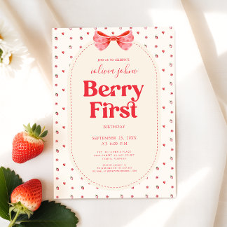 Berry Erster Geburtstag Rosa Schleife Erdbeere Einladung