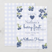 Berry First 1. Geburtstag Blaubeer Gingham Einladung (Vorne/Hinten)