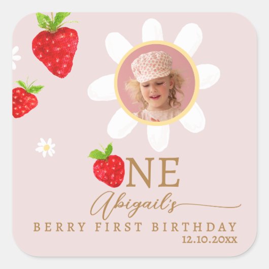 Berry First 1. Strawberry Birthday Foto Quadratischer Aufkleber (Vorderseite)