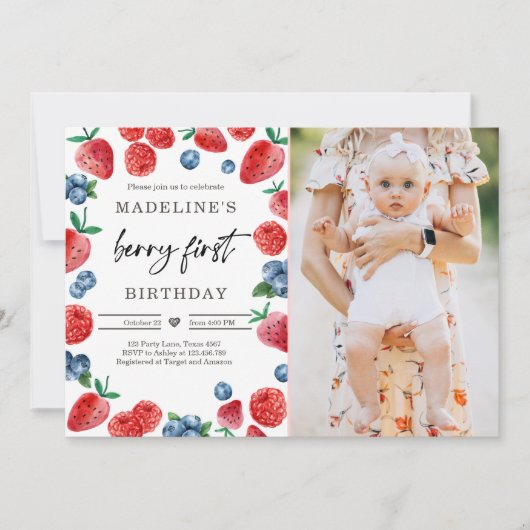 Berry First 1. Strawberry Raspberry Birthday Einladung (Vorderseite)