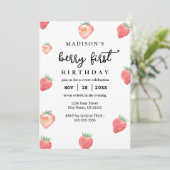 Berry First Birthday 1. Geburtstag Pink Strawberry Einladung (Stehend Vorderseite)