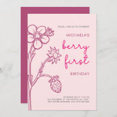 Berry First Birthday 1. Geburtstag Strawberry Einladung (Vorne/Hinten)