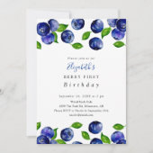 Berry First Birthday Blueberry Watercolor Elegante Einladung (Vorderseite)
