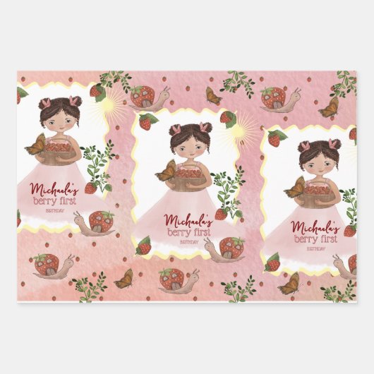 Berry First Birthday Custom Strawberry Geschenkpapier Set (Vorderseite)