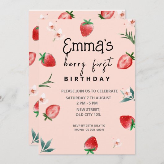 Berry First Birthday Einladung (Vorne/Hinten)
