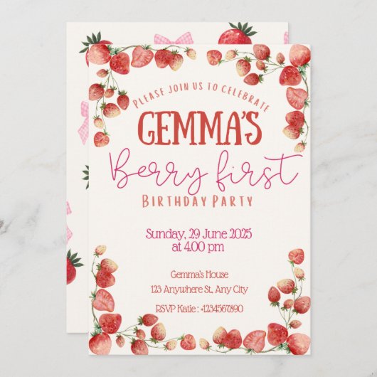 Berry First Birthday Einladung (Vorne/Hinten)