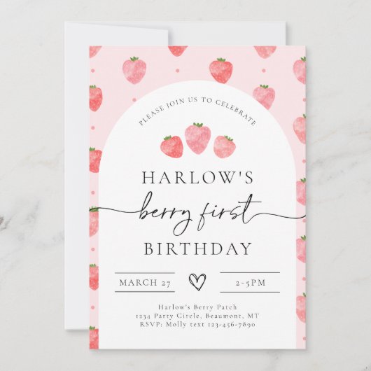 Berry First Birthday Einladung | Erdbeere (Vorderseite)