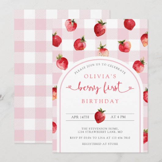 Berry First Birthday Einladung | Erdbeeren (Vorne/Hinten)