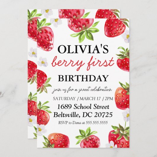 Berry First Birthday Einladung Modern Strawberry (Vorne/Hinten)