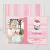 Berry First Birthday Einladung - Rosa Erdbeere (Vorne/Hinten)