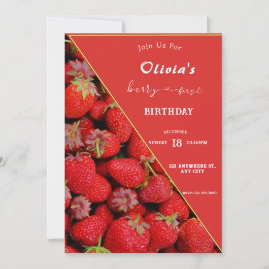 Berry First Birthday Einladung | Strawberry Theme (Vorderseite)