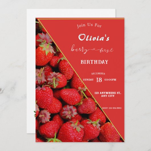 Berry First Birthday Einladung | Strawberry Theme (Vorne/Hinten)