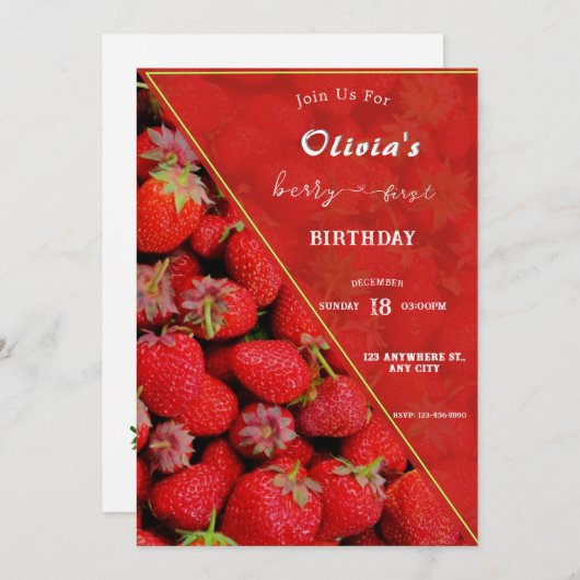 Berry First Birthday Einladung | Strawberry Theme (Vorne/Hinten)