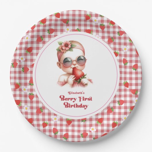 Berry First Birthday Gingham Pappteller (Vorderseite)