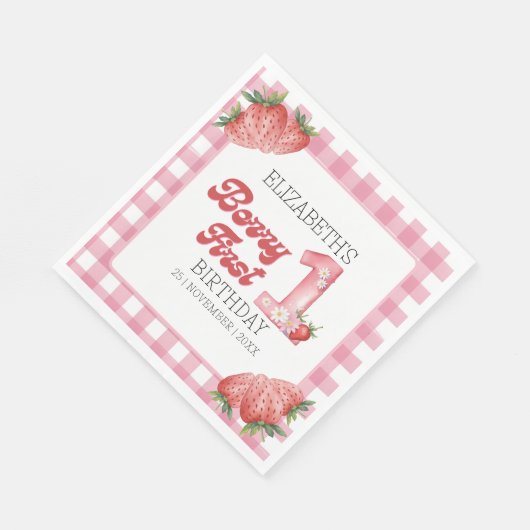 "Berry First Birthday Girl strawberry Theme Serviette (Ecke)
