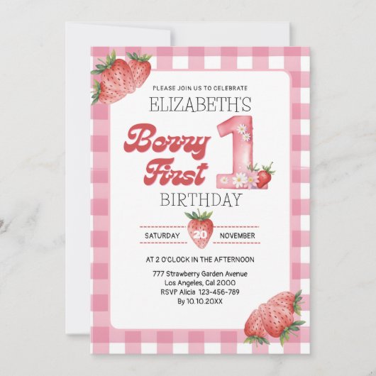 "Berry First Birthday Girl with Strawberry Theme Einladung (Vorderseite)