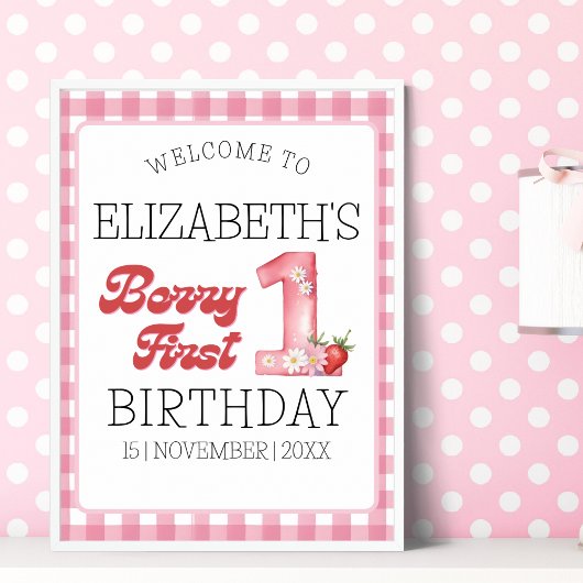 "Berry First Birthday Girl with Strawberry Theme Poster