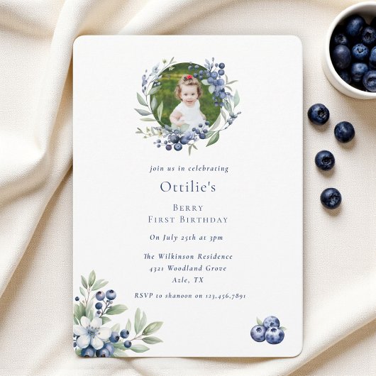Berry First Birthday Heidelbeere Party Foto Einladung