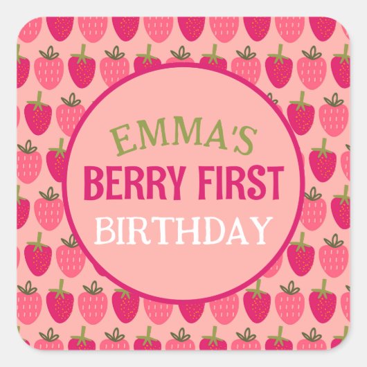 Berry First Birthday Individuelle Name Quadratischer Aufkleber (Vorderseite)