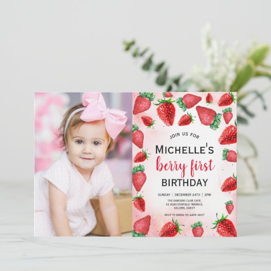 Berry First Birthday Invite, Strawberry Birthday Einladung (Stehend Vorderseite)