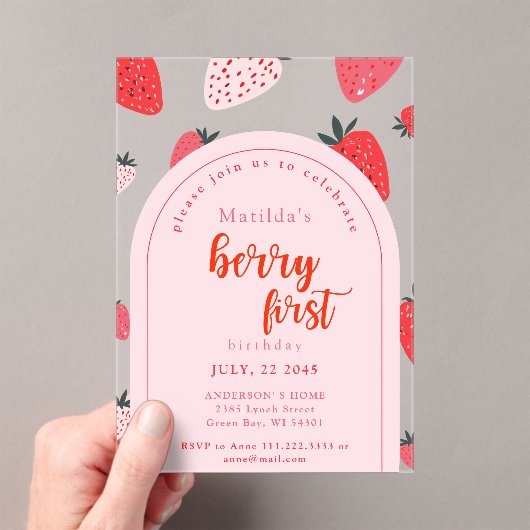 Berry First Birthday Party 1. Strawberry Arch Acryleinladungen (Insitu (Handheld))