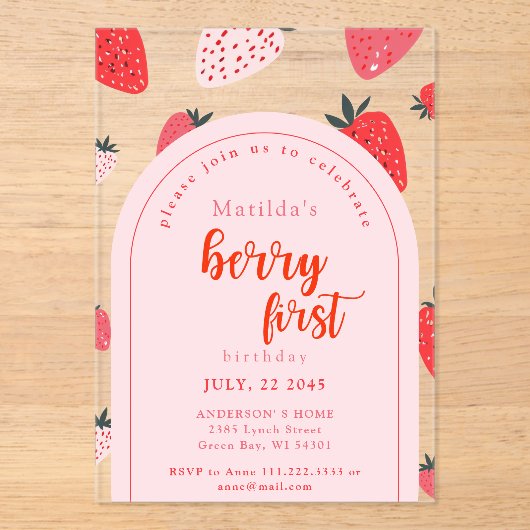 Berry First Birthday Party 1. Strawberry Arch Acryleinladungen (Vorderseite)