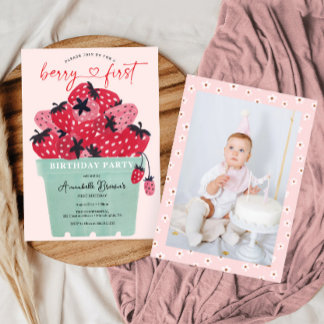 Berry First Birthday Party mit Foto Strawberry Einladung
