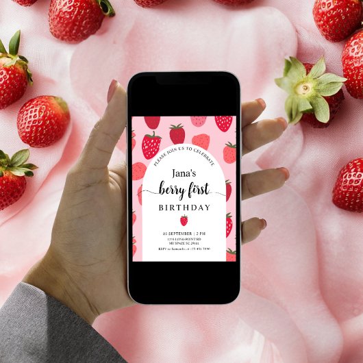 Berry First Birthday Party | Rote und rosa Erdbeer Einladung