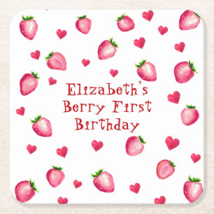 Berry First Birthday Party Strawberry Hearts Rechteckiger Pappuntersetzer