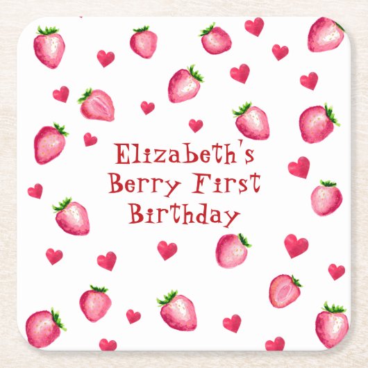 Berry First Birthday Party Strawberry Hearts Rechteckiger Pappuntersetzer (Vorderseite)