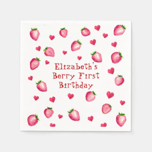 Berry First Birthday Party Strawberry Hearts Serviette