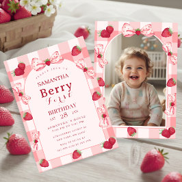 Berry First Birthday Photo Bow Gingham Invitation
